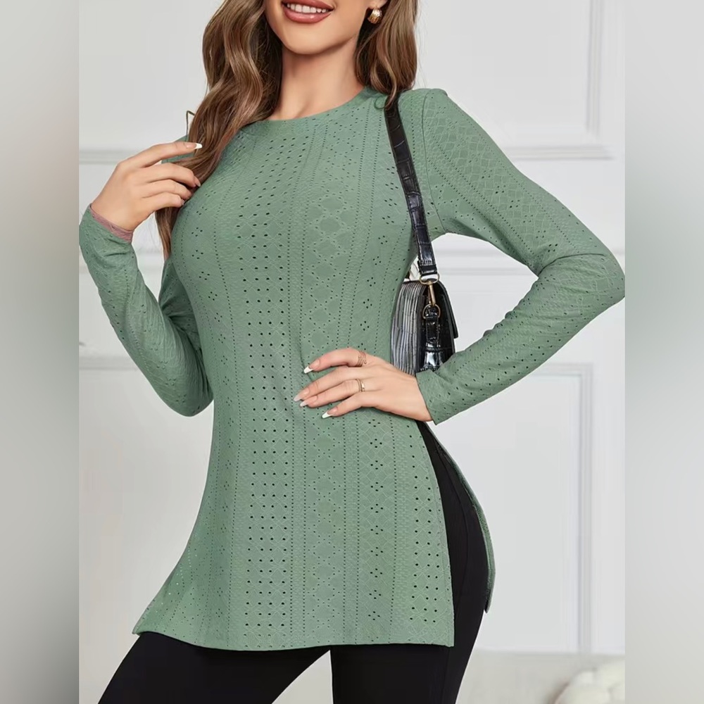 Eyelet Split Long Length T-shirt, Elegant Solid Long Sleeve T-shirt, Women's Clo